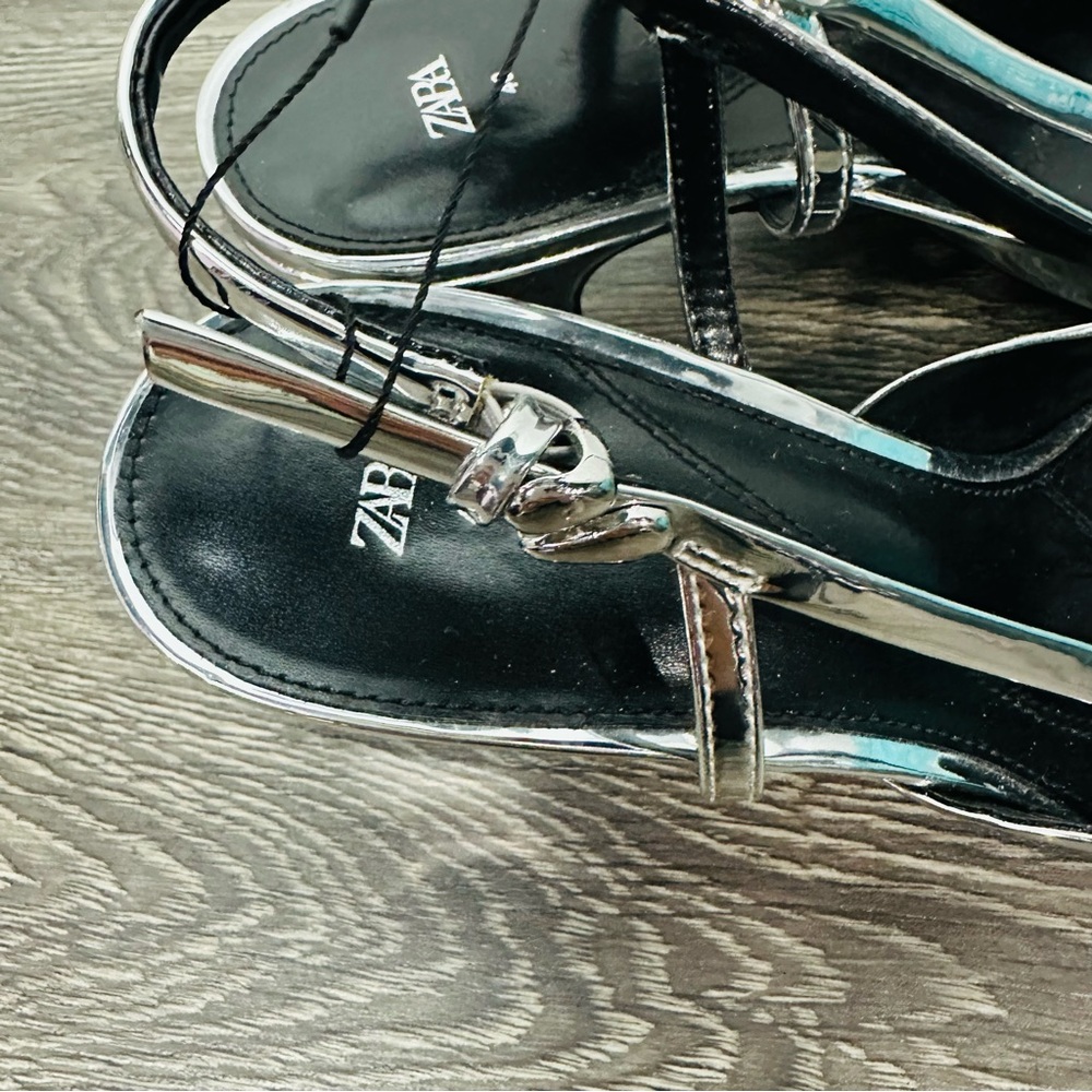 Zara NWT Metallic Silver Block Heel Slingback Heels Size 40 - Picture 9 of 13